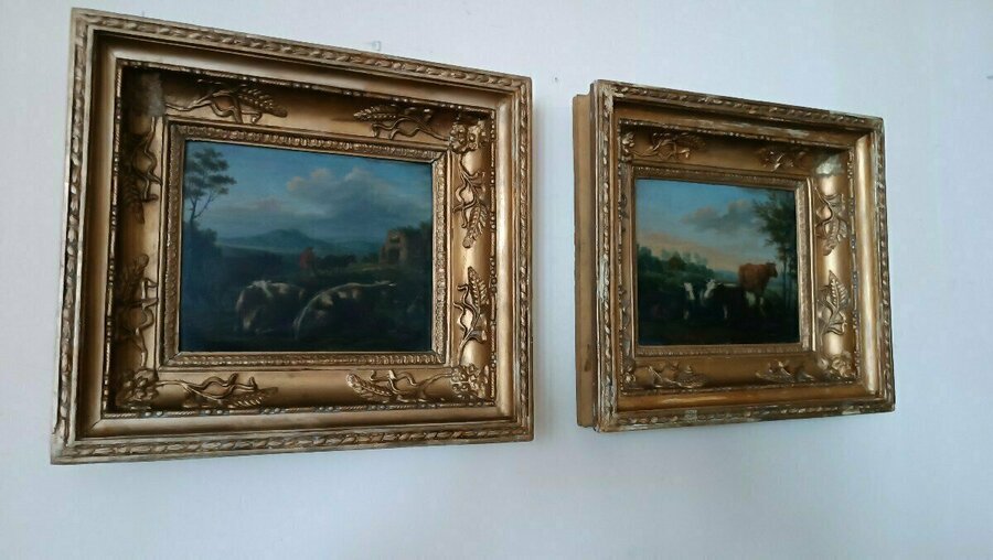 Coppia dipinti antichi su legno, paesaggio bucolico